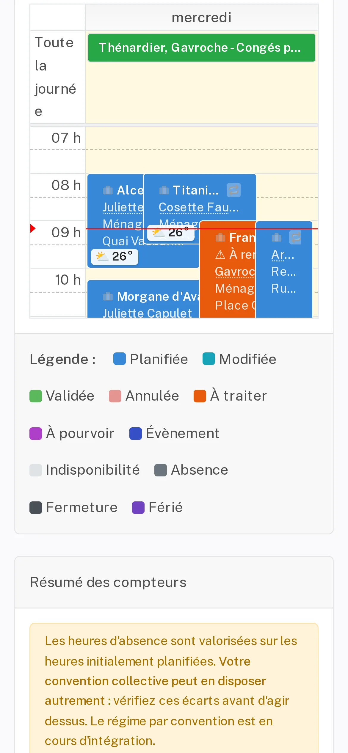 Planning de la journée sur mobile dans SOLA, avec des données de démonstration