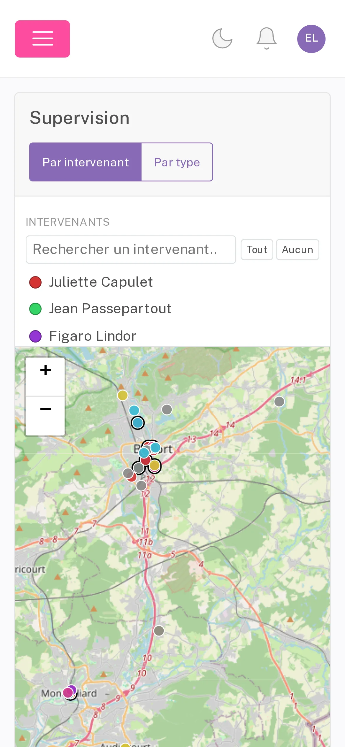 Carte de supervision sur mobile dans SOLA, avec des données de démonstration